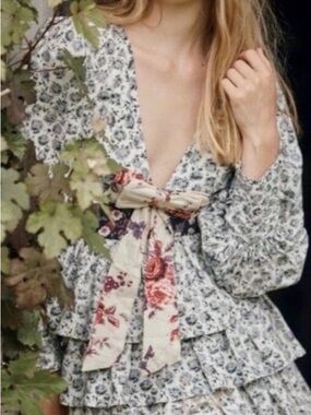 LOVESHACKFANCY Paris Dandelion-print Puff-sleeve Mini A-line Dress Floral Sz 6